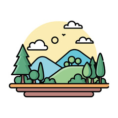 Flat design illustration of a layered landscape with mountains trees and clouds vector