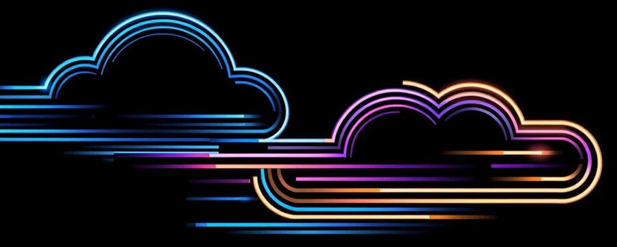cloud technology logo design, vector graphic, flat style, black background, simple, with colorful lines and glowing effect, with the main colors of dark blue, purple, and orange Generative AI