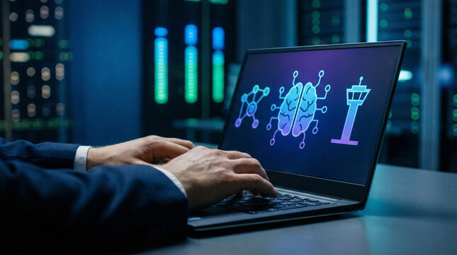 Businessman working on laptop with AI and neural network graphics