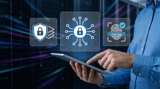 Man using tablet with digital security icons for protection - Powered by Adobe