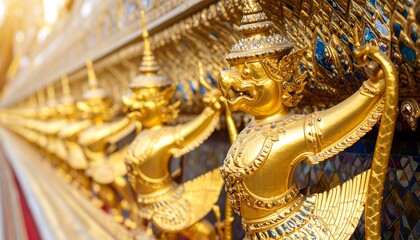 Intricate Golden Garuda Statues in a Row at a Thai Temple in Bangkok