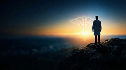 Fototapeta premium Man standing on rocky outcrop with wings at sunrise or sunset