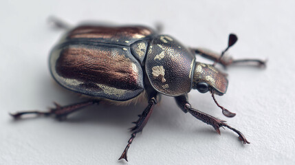 A detailed view of a beetle, displaying a shiny exoskeleton with intricate patterns and a mix of colors including bronze and gold. Its antennae are visible, and its legs are positioned prominently