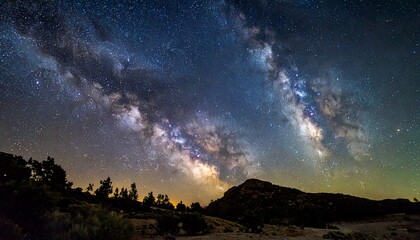 Naklejka premium Panoramic view of the night sky showcasing the vibrant Milky Way over a mountainous landscape