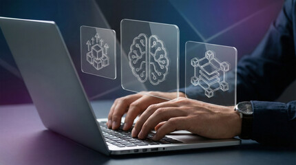 Person working on laptop with futuristic brain and cube icons