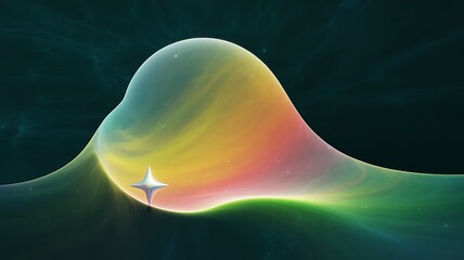 Abstract celestial illustration showcasing a vibrant and colorful landscape with a shining star element and fluid forms that provide an alluring dreamy aesthetic