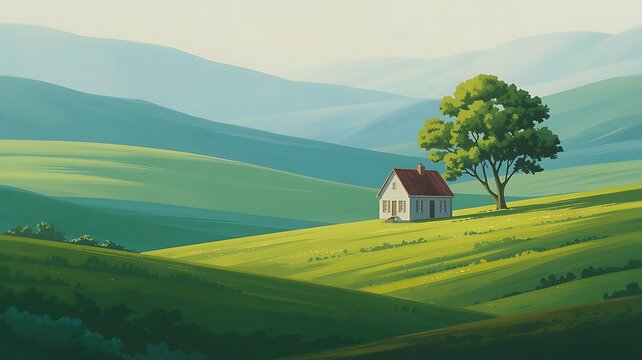 Serene landscape painting of a tranquil house nestled on a green hillside with a lush tree and rolling hills depicting peaceful nature