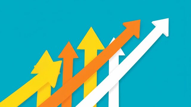 Upward moving colorful arrows in yellow, orange, and white on a solid teal blue background representing exponential growth and financial success. Perfect for business presentations.