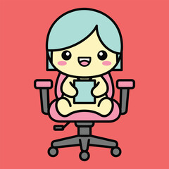 Cartoon character sitting in a pink office chair holding a tablet device