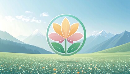 Stylized Flower Emblem in a Serene Mountain Landscape with a Field of Wildflowers