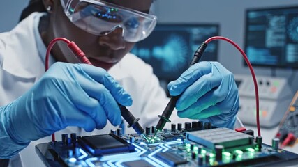 Close-up of an engineer testing a glowing circuit board. A female scientist works on computer hardware in a modern laboratory. Innovation in electronics and technology