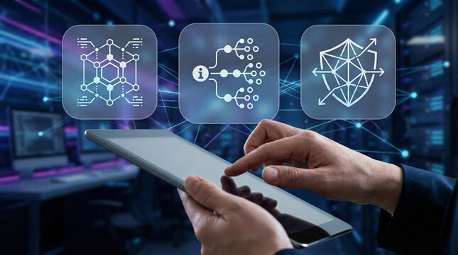 Businessman interacting with futuristic technology interface in modern office - Powered by Adobe