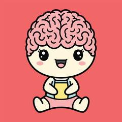 Cute cartoon baby with a brain on sitting and smiling on a red background
