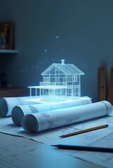 A glowing blueprint of a house on a table with rolled up papers