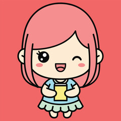 Cute cartoon girl with pink hair holding a book and winking