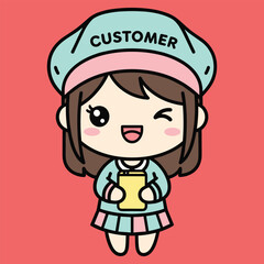 Cute cartoon girl wearing a customer hat holding a drink
