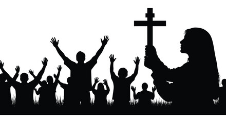 A striking depiction of worship and devotion featuring a woman with a cross and a crowd raising hands all in silhouette © mrvect02