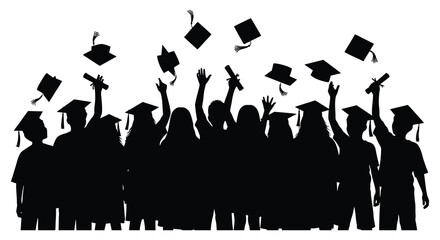 A joyous scene unfolds as graduating students exuberantly throw their caps into the air celebrating their achievement silhouette high quality professional