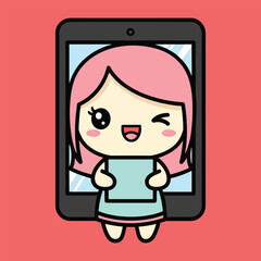 Cute cartoon girl with blonde hair winking and smiling on a tablet screen with pink background