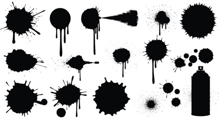 A collection of various black spray paint splatters and a can creatively arranged on a white background creating a striking silhouette © mrvect02