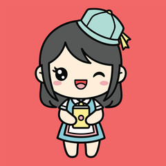 Cute cartoon girl wearing a blue hat holding a yellow camera smiling