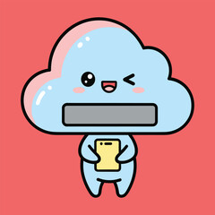 Blue cloud character with a smartphone and a speech bubble
