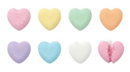 Heart shaped candy set including colorful pastel sweets and one broken pink piece isolated. Valentines day and sweets collection.
