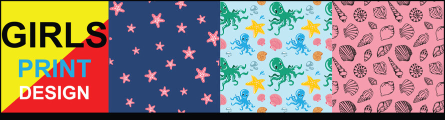 Obraz premium Sea and Ocean Creatures Seamless allover vector design, Sea animal seamless repeat allover design, Beautiful allover vector design for kids were women's were.