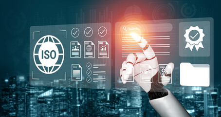 A robotic hand interacts with a digital interface showcasing ISO certification and data visualization, set against a futuristic urban backdrop. This image illustrates technology and innovation. Gantry