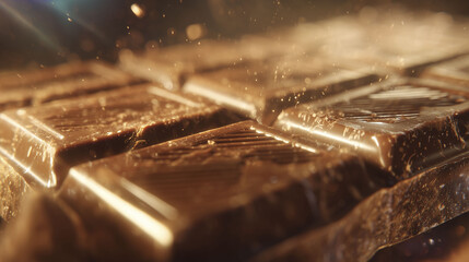 A close-up of chocolate bars displays a shiny surface with texture and detail. Soft lighting enhances the rich brown color, while small particles suggest movement or melting, creating visual interest.