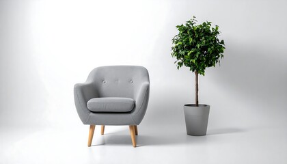 Modern grey armchair with wooden legs next to a potted ficus tree in a minimalist white room.