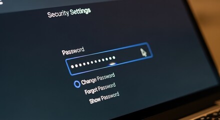 Password input field on security settings screen, dark mode interface, digital privacy and protection concept