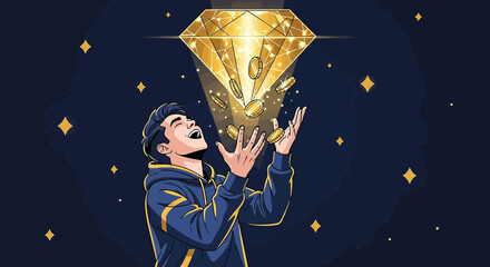 Illustrative depiction of a man celebrating receiving coins from a radiant diamond source