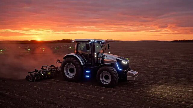 Autonomous tractor plowing field at sunset, modern agriculture technology