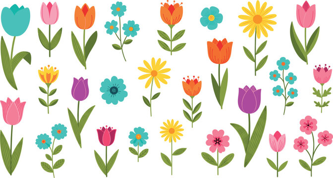 Colorful hand drawn spring flowers vector set with tulips daisies wildflowers leaves and floral decorative elements - Powered by Adobe