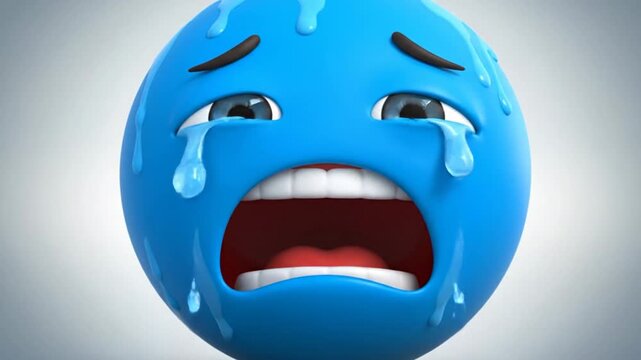3D render of a sad blue emoji crying with tears and sweat, symbolizing emotional distress and sorrow