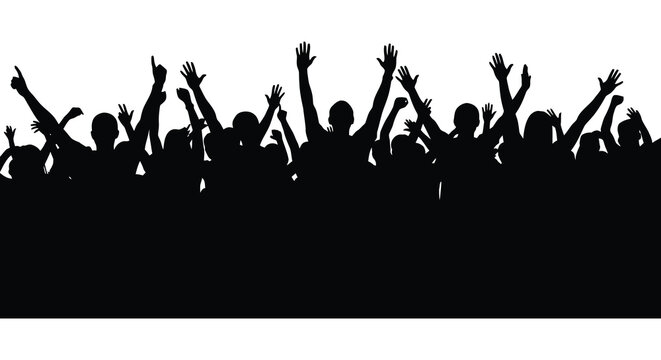 A large crowd of people with arms raised in celebration and excitement captured as a striking black silhouette high quality professional