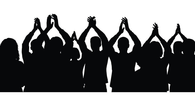 A jubilant group of people raising their arms in celebration and applause depicted as a striking black silhouette high quality professional