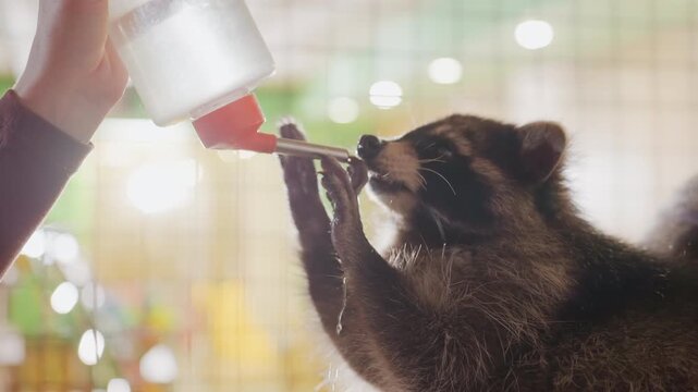 rescuer feeding baby raccoon from bottle inside shelter intimate caregiving moment with gentle hand and warm backlight glow, visible whiskers and moist muzzle, trustful gaze and slow sipping