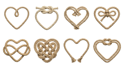 Natural jute rope heart set including knotted, twisted, infinity, and braided designs isolated. Romantic nautical and rustic decor collection.