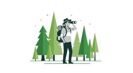 Man with binoculars exploring forest, graphic vector illustration for outdoor adventure travel