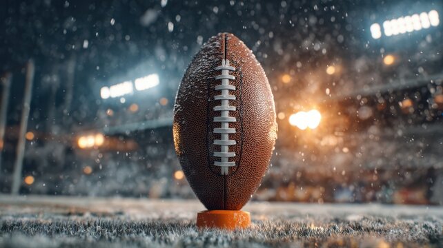 American Football on Snowy Field Under Stadium Lights