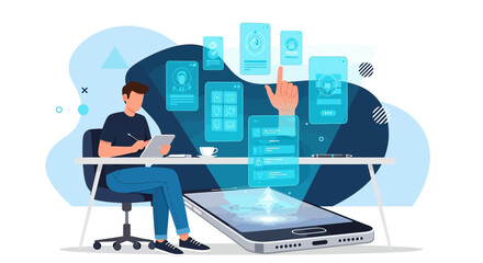 Modern digital workspace concept with virtual interfaces for enhanced productivity