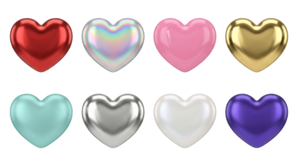 Heart shape set including red, holographic, pink, gold, mint, silver, pearl, and purple metallic variants isolated. Romantic and festive jewelry collection.