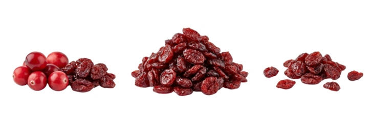 Fresh Cranberries and Dried Cranberries Piles Isolated on White Background