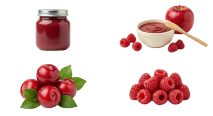 Red Fruits Collage: Jam Jar, Apple, Raspberries, Plums