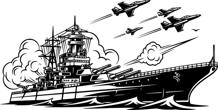 Monochrome naval warfare illustration with battleship and fighte

