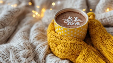 Cozy hot chocolate with snowflake topping and fairy lights