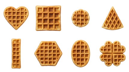 Golden brown waffle set including heart, square, round, and geometric shapes isolated. Breakfast food and bakery concept.