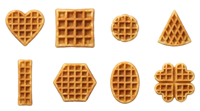 Golden brown waffle set including heart, square, round, and geometric shapes isolated. Breakfast food and bakery concept. - Powered by Adobe